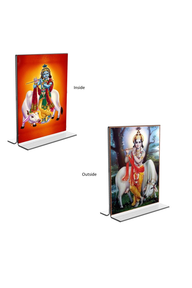 Car Desk/Table Top Sri Krishna With Cow  Acrylic T-Style Photo Stand - 2.5x3.5 Inches, Compact and Stylish Spiritual Display, easily change  2 photos ( Pack of 1 )
