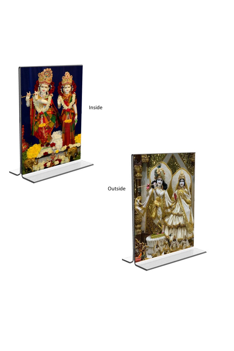 Car Desk/Table Top Sri Krishna and Sri Radha  Acrylic T-Style Photo Stand - 2.5x3.5 Inches, Compact and Stylish Spiritual Display, easily change  2 photos ( Pack of 1 )