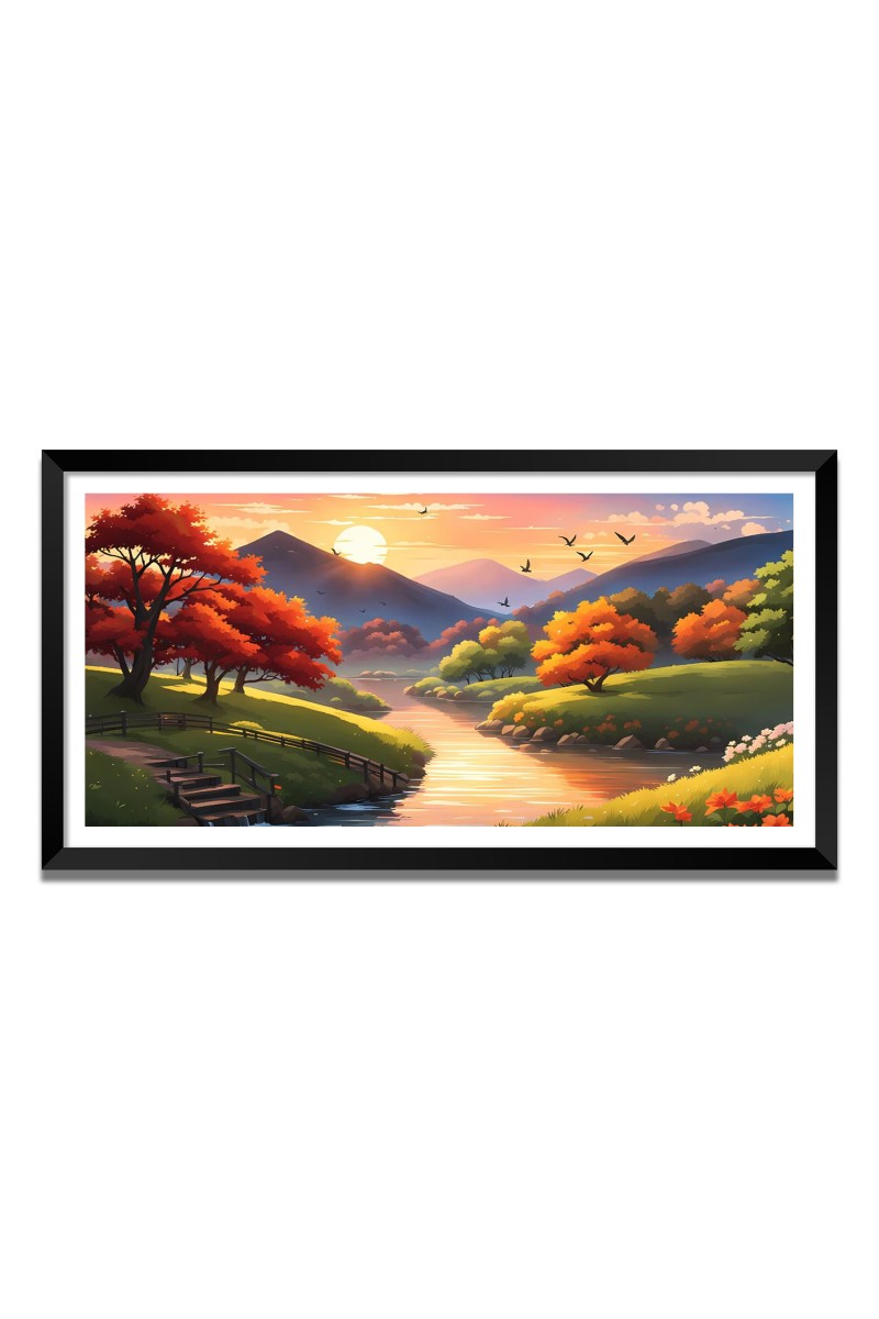 Nature Landscape Floating Frame Scenery Digital Print - 12x24 inch Modern Nature Wall Art for Living Room, Bedroom, Office, Hotels, Drawing Room