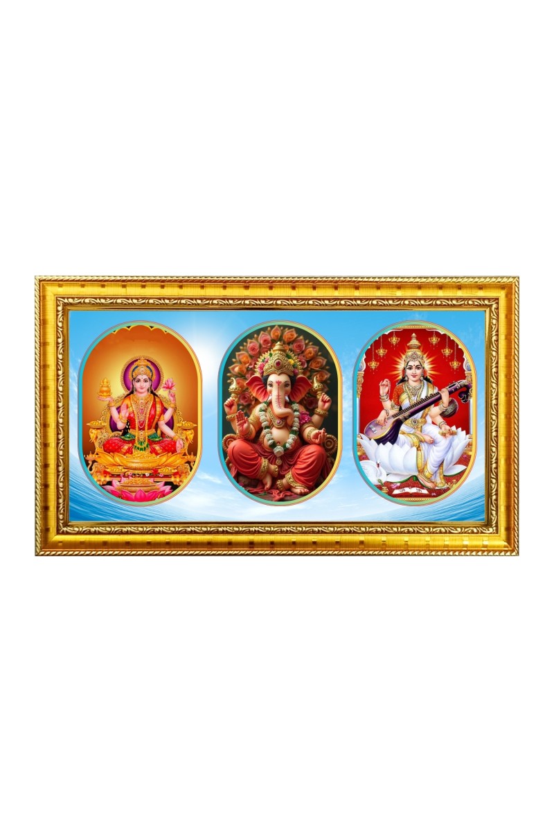 Maa laxmi ganesh, saraswati Photo Frame - 8x14 Inch Brown Wooden Frame | Hindu Gods Wall Decor for Home & Office