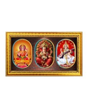 Maa laxmi ganesh, saraswati Photo Frame - 8x14 Inch Brown Wooden Frame | Hindu Gods Wall Decor for Home & Office