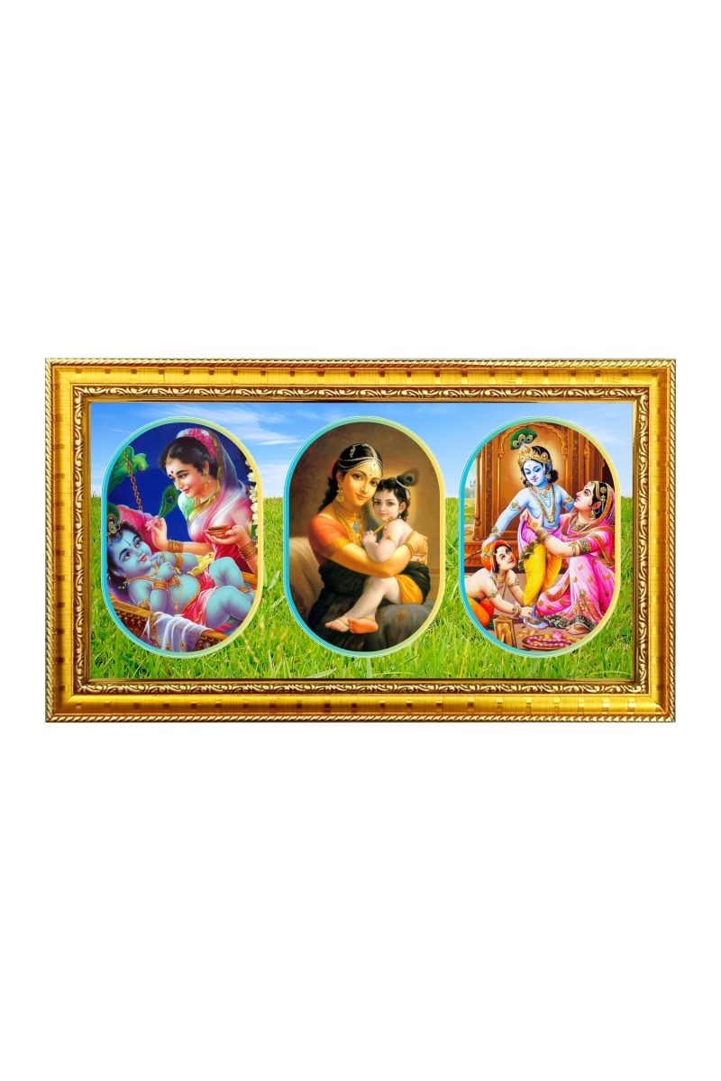 Little krishna with mother Photo Frame - 8x14 Inch Brown Wooden Frame | Hindu Gods Wall Decor for Home & Office