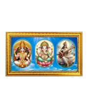 Laxmi, ganesh, saraswati Photo Frame - 8x14 Inch Brown Wooden Frame | Hindu Gods Wall Decor for Home & Office