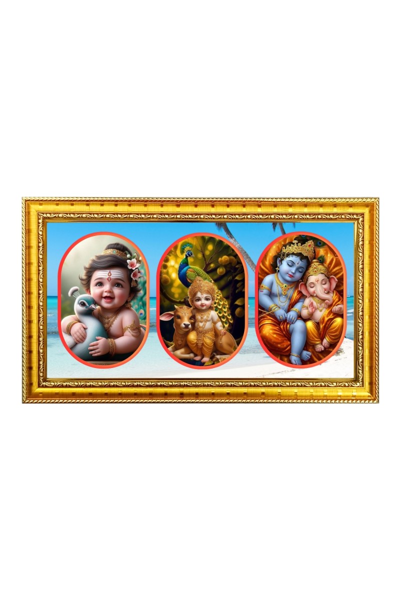 Little krishna Photo Frame - 8x14 Inch Brown Wooden Frame | Hindu Gods Wall Decor for Home & Office