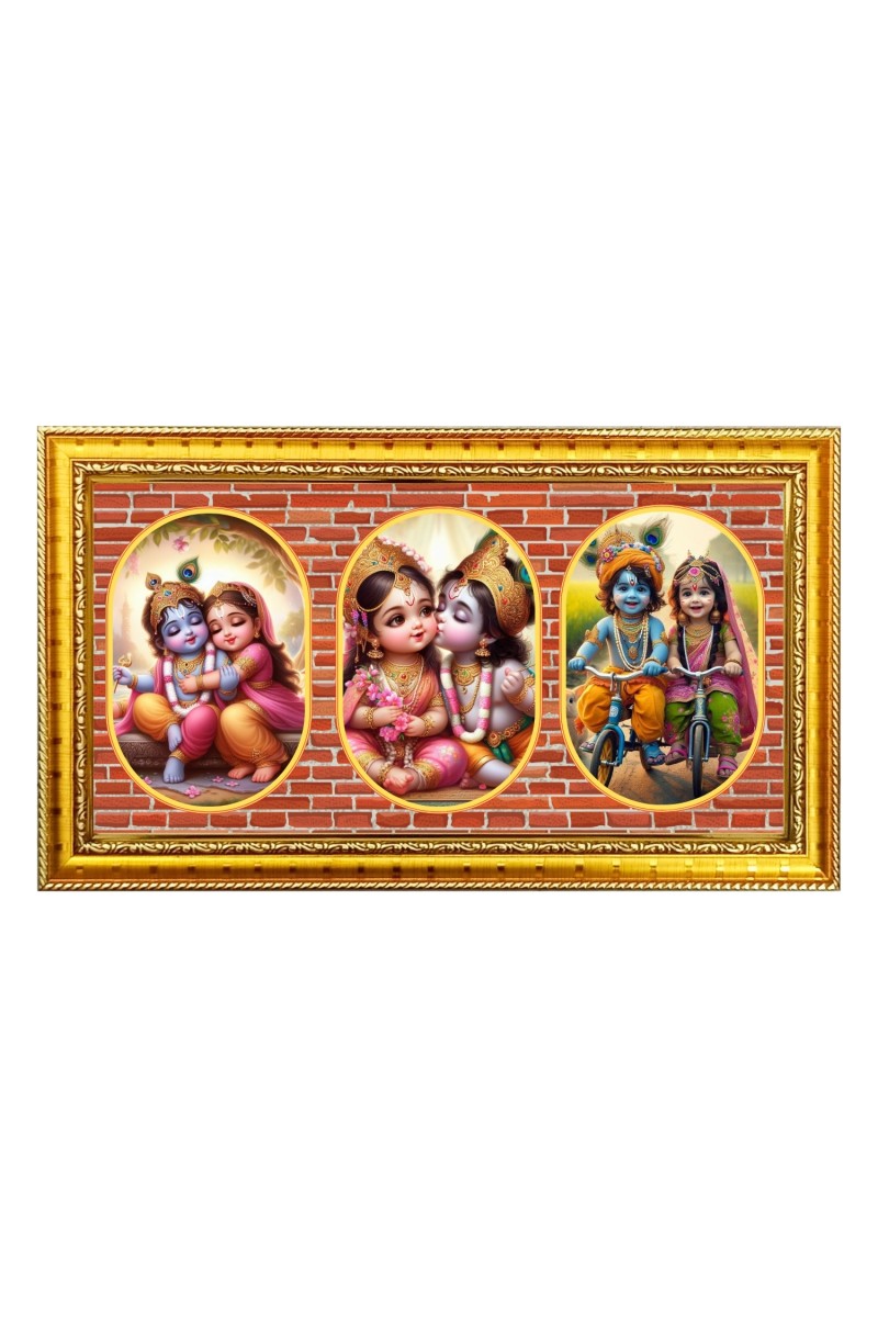 Baby krishna and radha  Photo Frame - 8x14 Inch Brown Wooden Frame | Hindu Gods Wall Decor for Home & Office