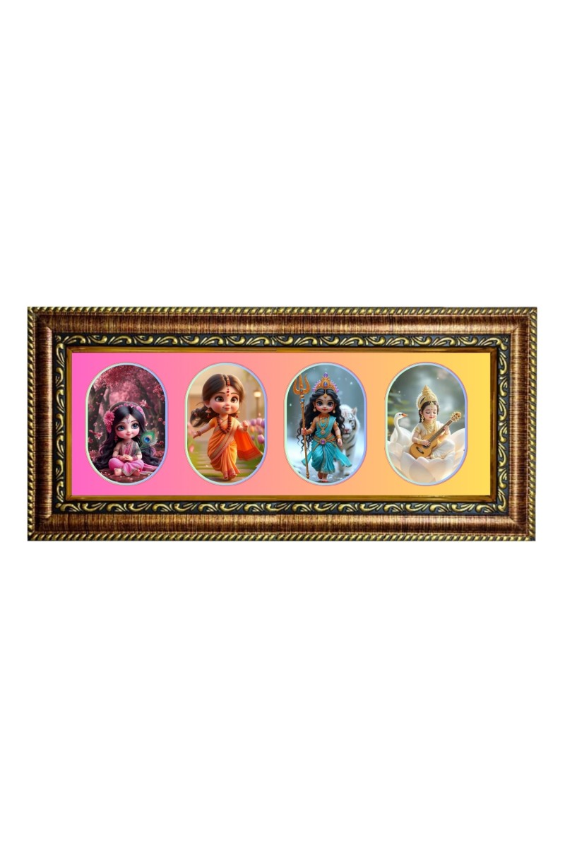 Little radha, sita, durga, saraswati Photo Frame - 8x14 Inch Brown Wooden Frame | Hindu Gods Wall Decor for Home & Office