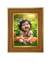 Little baby krishna Photo Frame  10x14 Inches-Brown Wooden Frame for Home , Office & Temple Decoration and Gifting