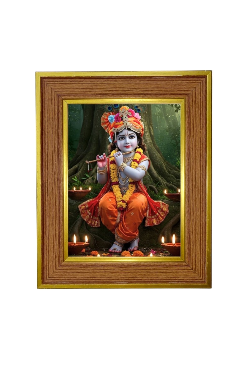 Divine little krishna Photo Frame  10x14 Inches-Brown Wooden Frame for Home , Office & Temple Decoration and Gifting