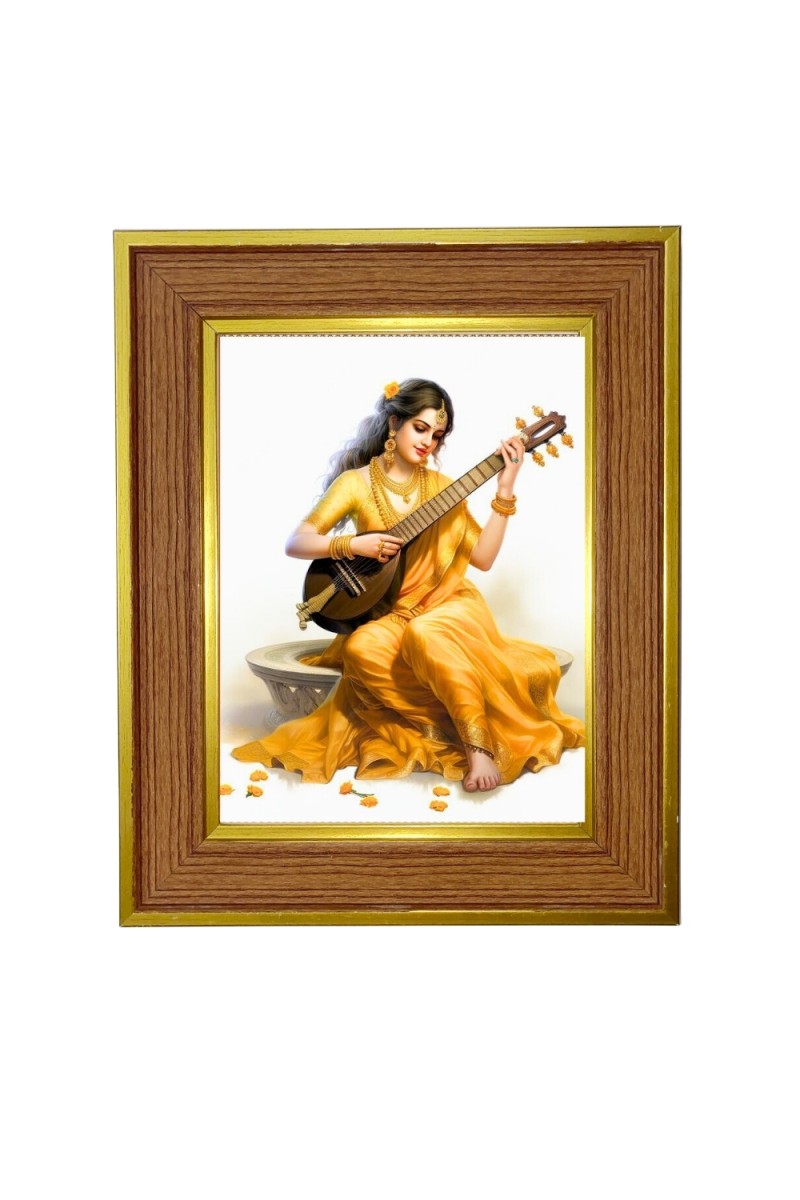Goddess Saraswati, Photo Frame  10x14 Inches-Brown Wooden Frame for Home , Office & Temple Decoration and Gifting