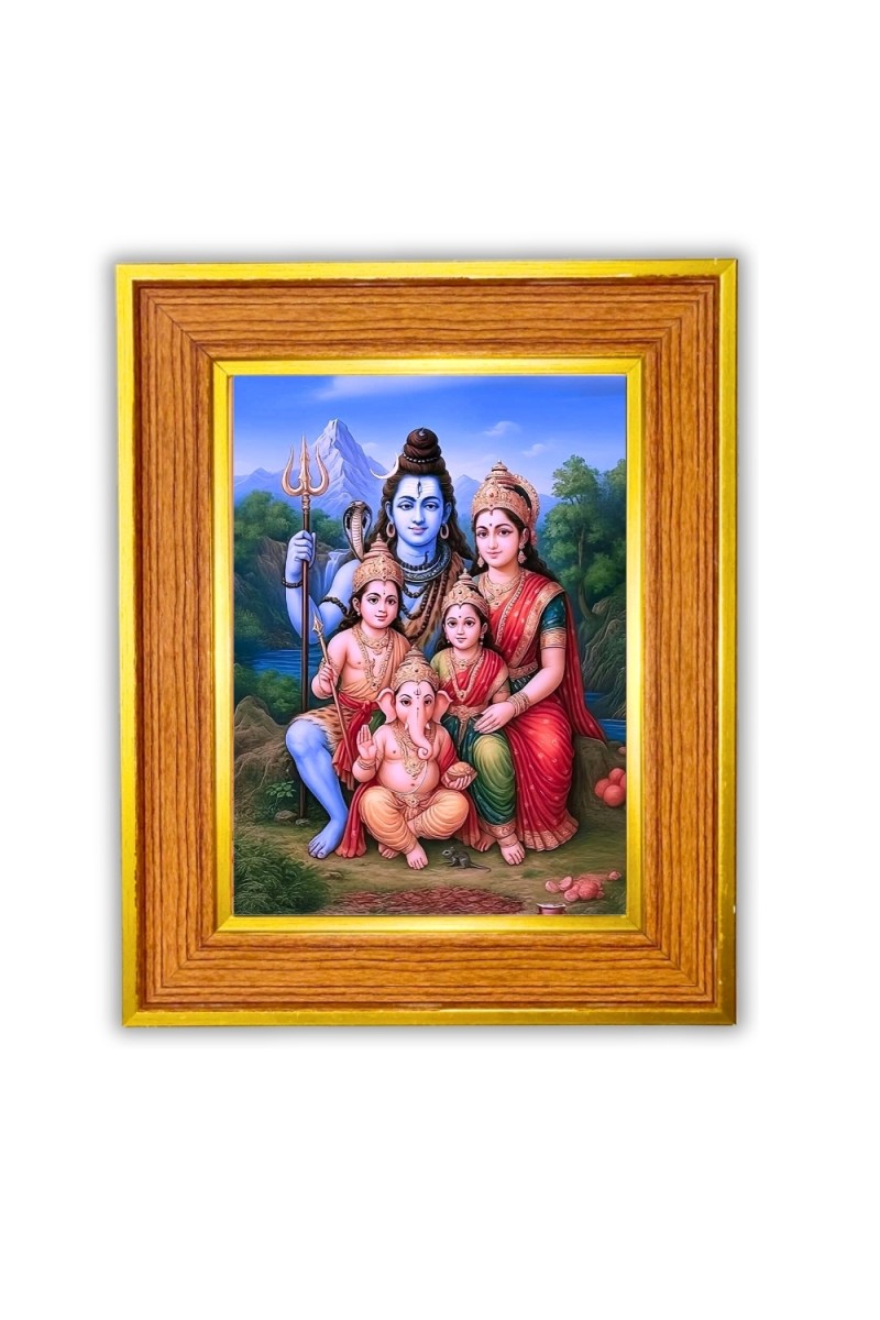 Lord Shiva, Goddess Parvati, and their children, Lord Ganesha and Lord Kartikeya Murugan  Photo Frame  10x14 Inches-Brown Wooden Frame for Home , Office & Temple Decoration and Gifting