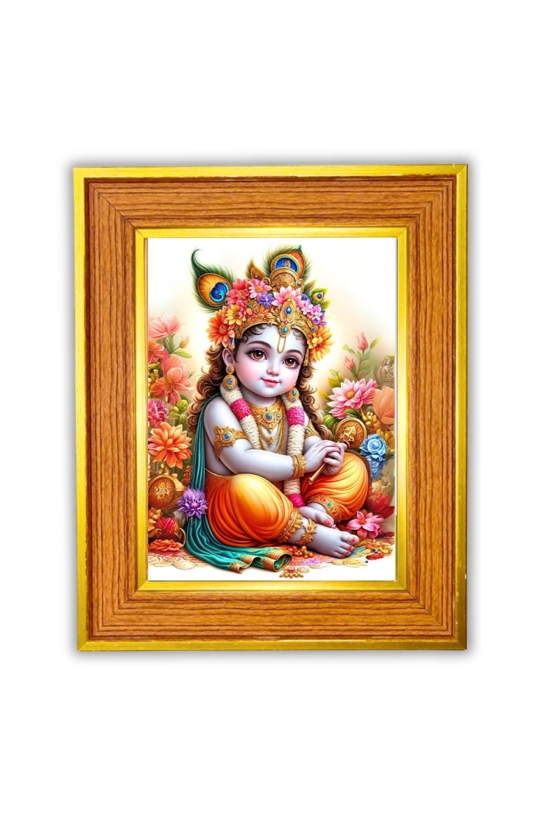 Lord bal krishna Photo Frame  10x14 Inches-Brown Wooden Frame for Home , Office & Temple Decoration and Gifting