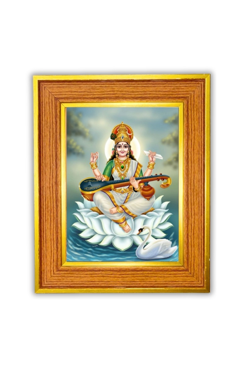 Maa saraswati Photo Frame  10x14 Inches-Brown Wooden Frame for Home , Office & Temple Decoration and Gifting
