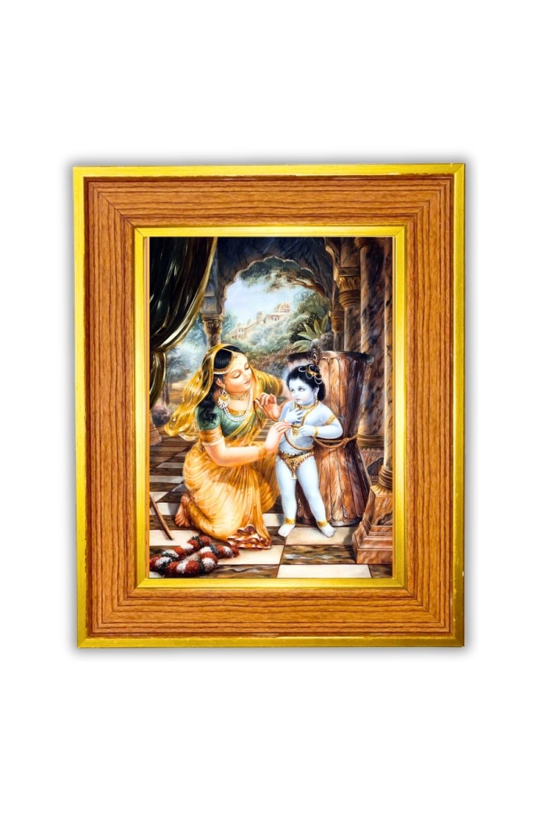 Yashoda and baby Lord Krishna Photo Frame  10x14 Inches-Brown Wooden Frame for Home , Office & Temple Decoration and Gifting