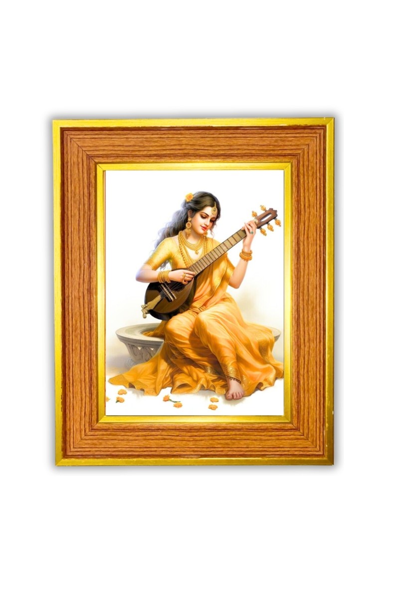 Goddess Saraswati Photo Frame  10x14 Inches-Brown Wooden Frame for Home , Office & Temple Decoration and Gifting