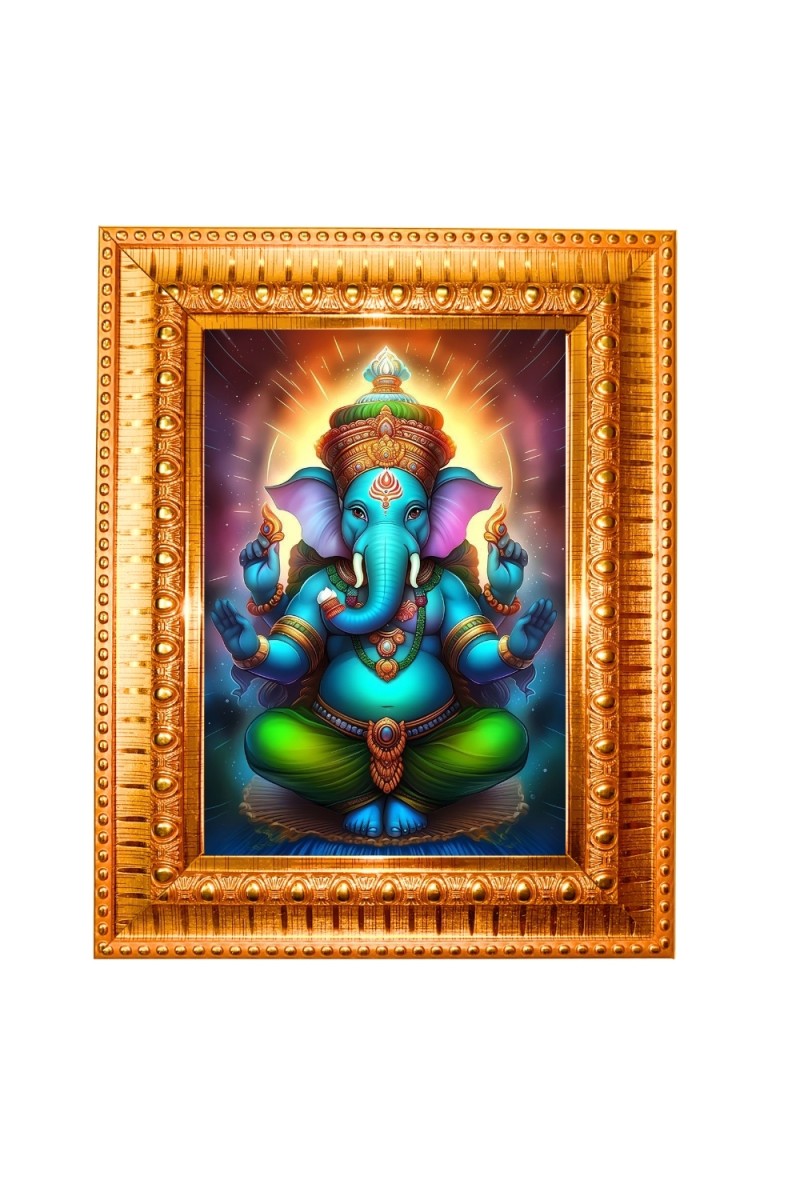 Lord Ganesha Golden Designer Photo Frame | 10x14 Inch Religious Wall Hanging Frame for Home & Office Decoration | Hindu Deity Spiritual Gift Item