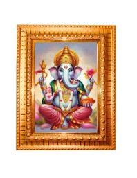 Lord Ganesha Golden Designer Photo Frame | 10x14 Inch Religious Wall Hanging Frame for Home & Office Decoration | Hindu Deity Spiritual Gift Item