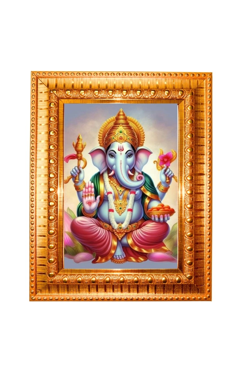 Lord Ganesha Golden Designer Photo Frame | 10x14 Inch Religious Wall Hanging Frame for Home & Office Decoration | Hindu Deity Spiritual Gift Item