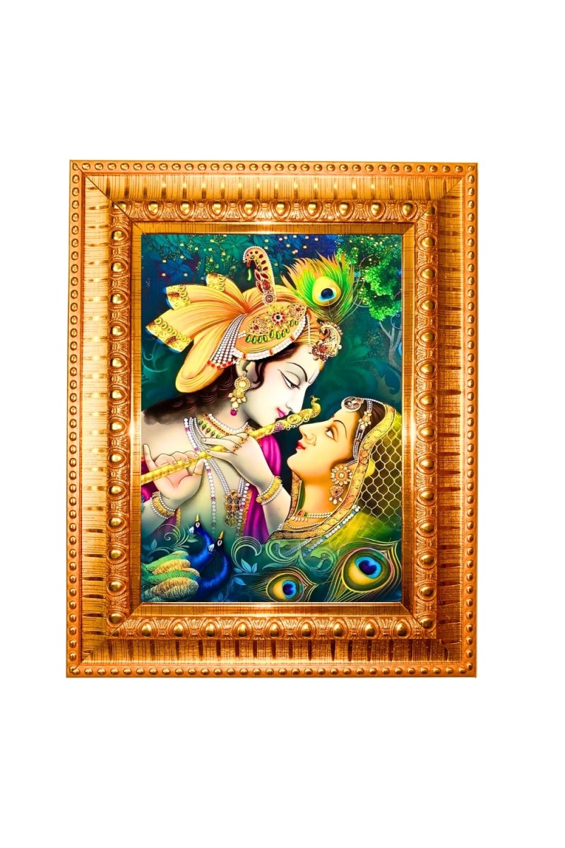 Divine radha krishna Golden Designer Photo Frame | 10x14 Inch Religious Wall Hanging Frame for Home & Office Decoration | Hindu Deity Spiritual Gift Item