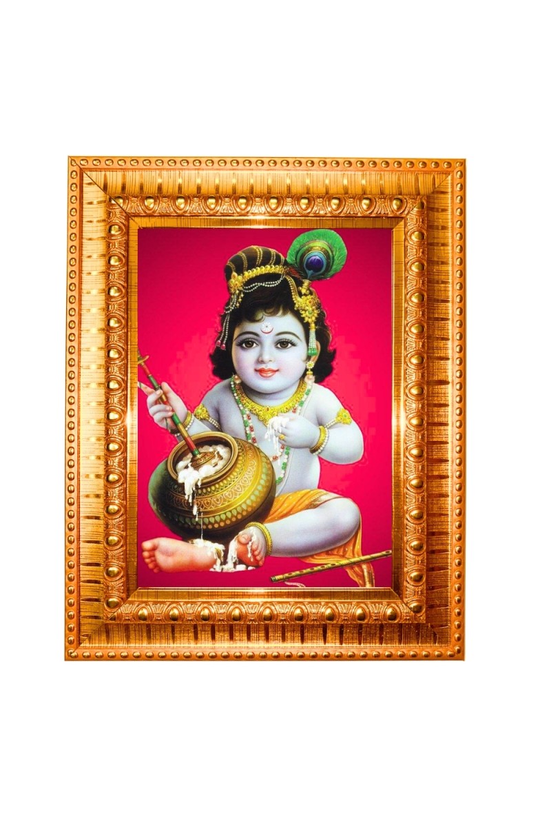  Laddu Gopal Golden Designer Photo Frame | 10x14 Inch Religious Wall Hanging Frame for Home & Office Decoration | Hindu Deity Spiritual Gift Item