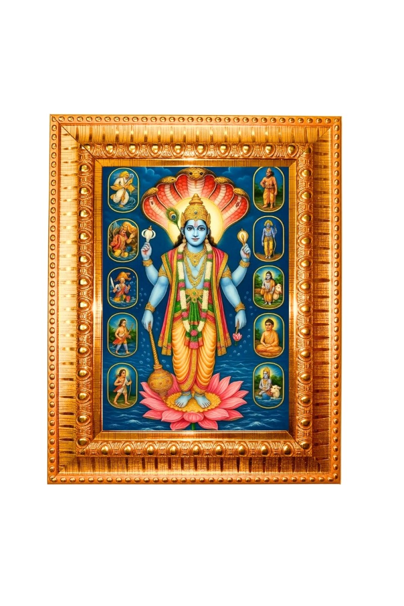 Lord vishnu Golden Designer Photo Frame | 10x14 Inch Religious Wall Hanging Frame for Home & Office Decoration | Hindu Deity Spiritual Gift Item