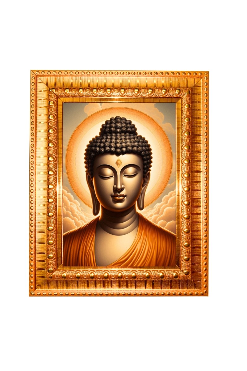 Lord buddha Golden Designer Photo Frame | 10x14 Inch Religious Wall Hanging Frame for Home & Office Decoration | Hindu Deity Spiritual Gift Item