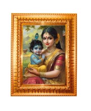 Yashoda and lord krishna Golden Designer Photo Frame | 10x14 Inch Religious Wall Hanging Frame for Home & Office Decoration | Hindu Deity Spiritual Gift Item
