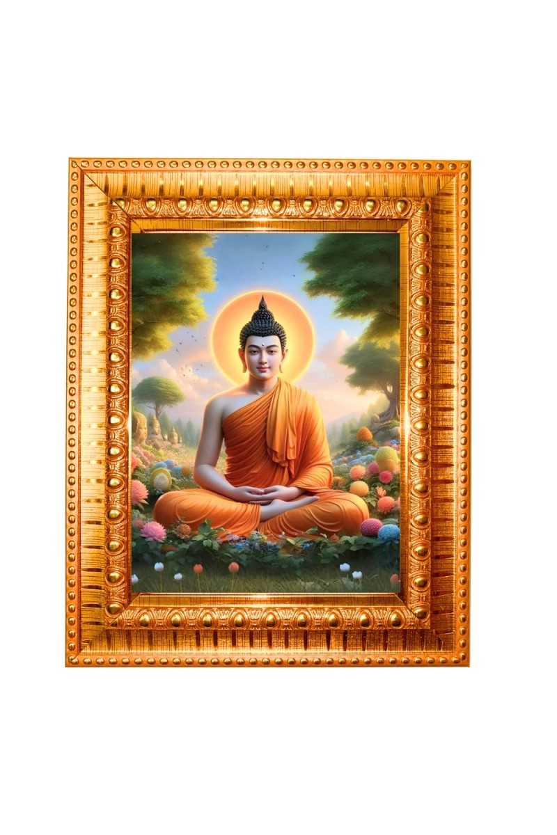  Lord Gautam Buddha Golden Designer Photo Frame | 10x14 Inch Religious Wall Hanging Frame for Home & Office Decoration | Hindu Deity Spiritual Gift Item