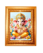 Lord ganesha Golden Designer Photo Frame | 10x14 Inch Religious Wall Hanging Frame for Home & Office Decoration | Hindu Deity Spiritual Gift Item