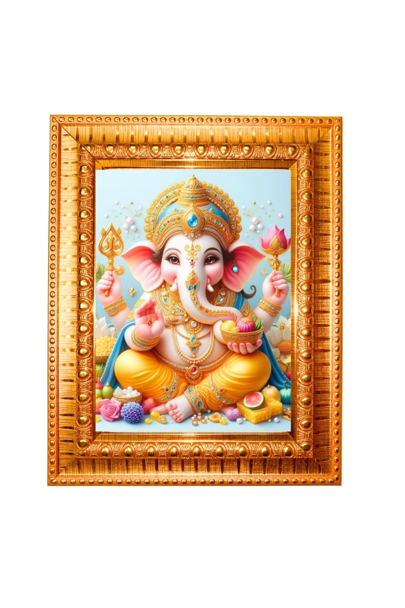 Lord ganesha Golden Designer Photo Frame | 10x14 Inch Religious Wall Hanging Frame for Home & Office Decoration | Hindu Deity Spiritual Gift Item