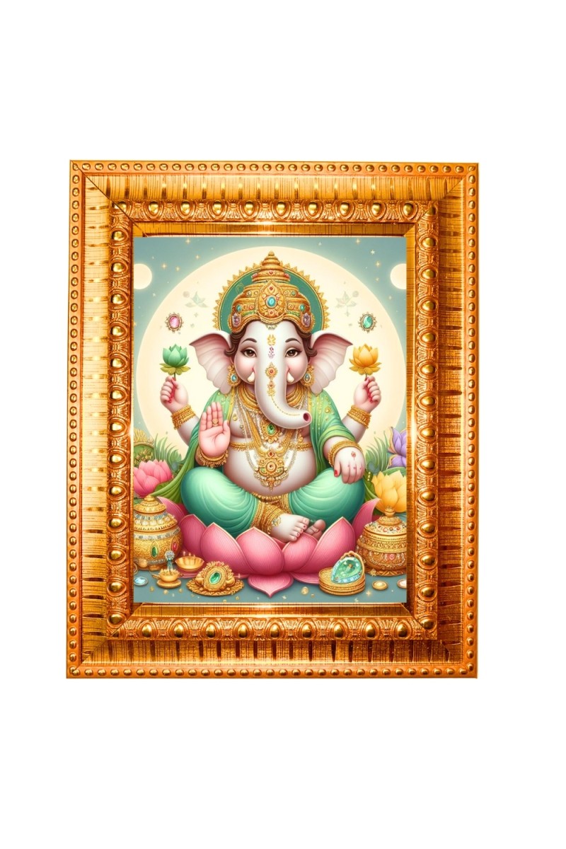 Lord ganesha Golden Designer Photo Frame | 10x14 Inch Religious Wall Hanging Frame for Home & Office Decoration | Hindu Deity Spiritual Gift Item