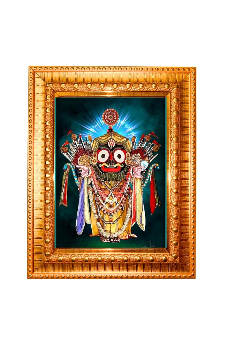  Lord Jagannath Golden Designer Photo Frame | 10x14 Inch Religious Wall Hanging Frame for Home & Office Decoration | Hindu Deity Spiritual Gift Item