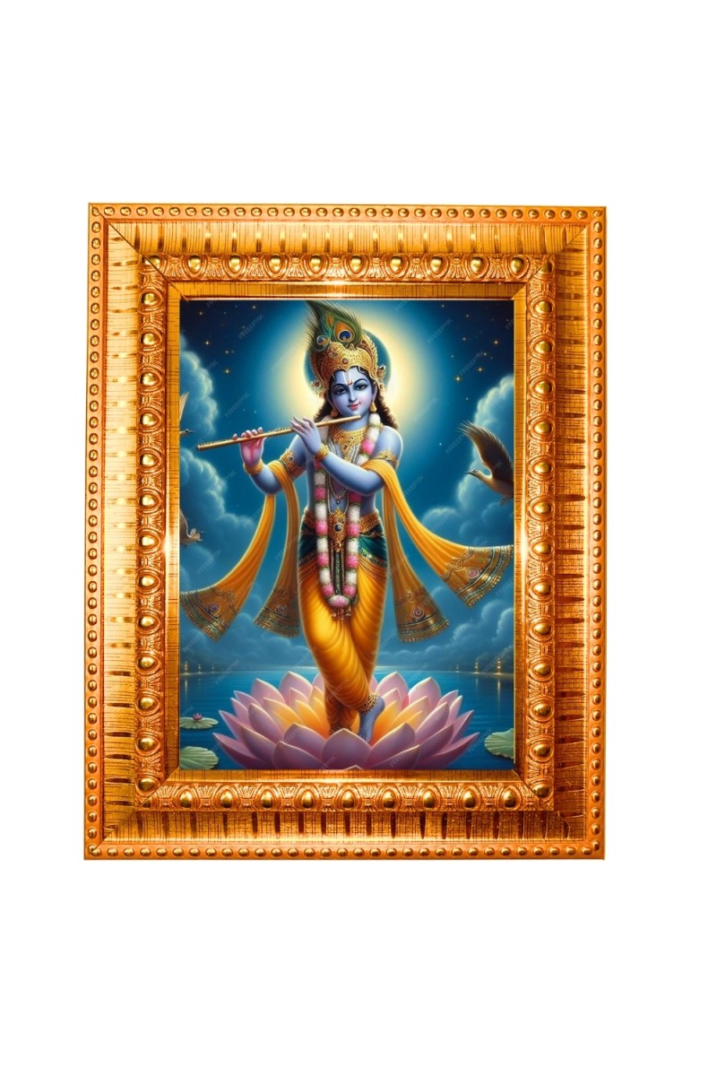 Divine krishna Golden Designer Photo Frame | 10x14 Inch Religious Wall Hanging Frame for Home & Office Decoration | Hindu Deity Spiritual Gift Item