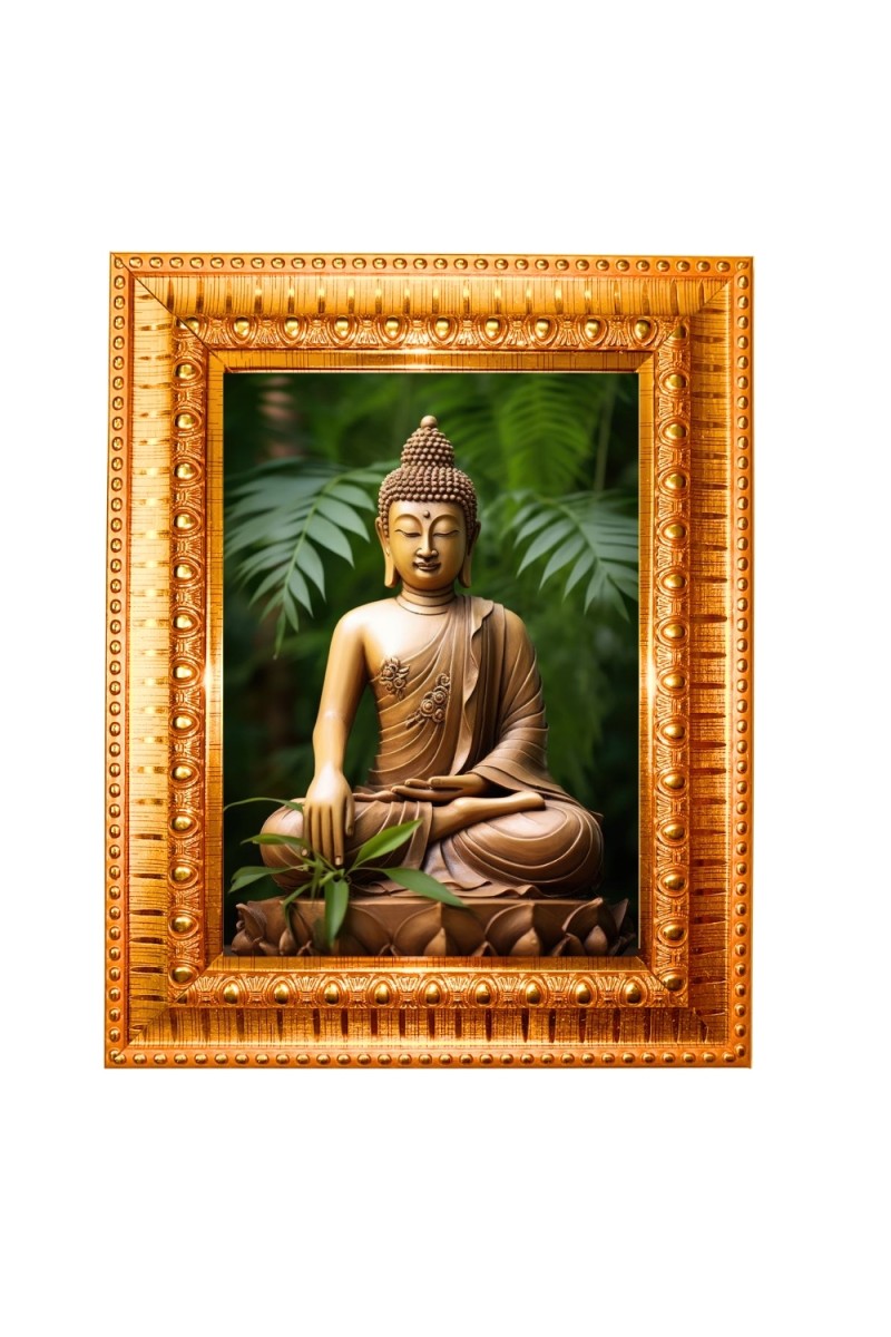Lordb buddha Golden Designer Photo Frame | 10x14 Inch Religious Wall Hanging Frame for Home & Office Decoration | Hindu Deity Spiritual Gift Item