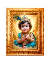 Baby krishna Golden Designer Photo Frame | 10x14 Inch Religious Wall Hanging Frame for Home & Office Decoration | Hindu Deity Spiritual Gift Item