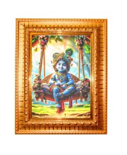 Little krishna Golden Designer Photo Frame | 10x14 Inch Religious Wall Hanging Frame for Home & Office Decoration | Hindu Deity Spiritual Gift Item