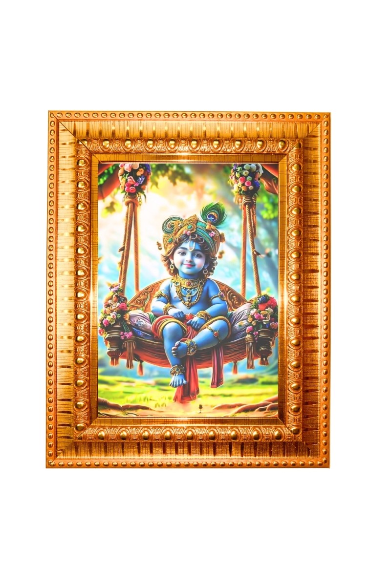 Little krishna Golden Designer Photo Frame | 10x14 Inch Religious Wall Hanging Frame for Home & Office Decoration | Hindu Deity Spiritual Gift Item