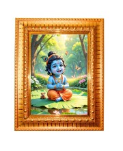 Divine little krishna Golden Designer Photo Frame | 10x14 Inch Religious Wall Hanging Frame for Home & Office Decoration | Hindu Deity Spiritual Gift Item