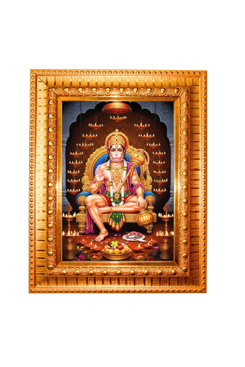 Lord hanuman Golden Designer Photo Frame | 10x14 Inch Religious Wall Hanging Frame for Home & Office Decoration | Hindu Deity Spiritual Gift Item