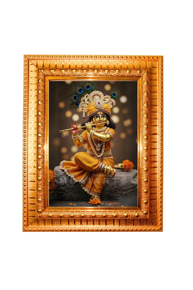 Divine krishna Golden Designer Photo Frame | 10x14 Inch Religious Wall Hanging Frame for Home & Office Decoration | Hindu Deity Spiritual Gift Item