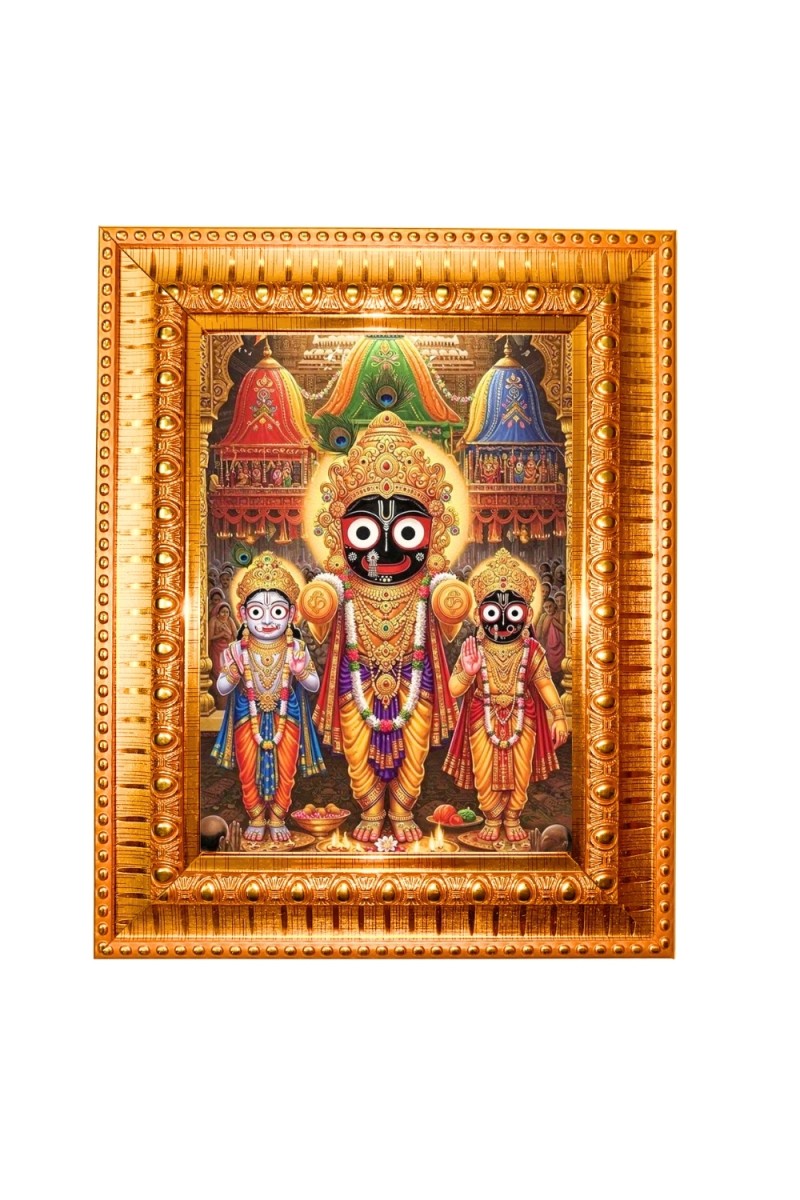 Lord Jagannath, Balabhadra,Subhadra Golden Designer Photo Frame | 10x14 Inch Religious Wall Hanging Frame for Home & Office Decoration | Hindu Deity Spiritual Gift Item