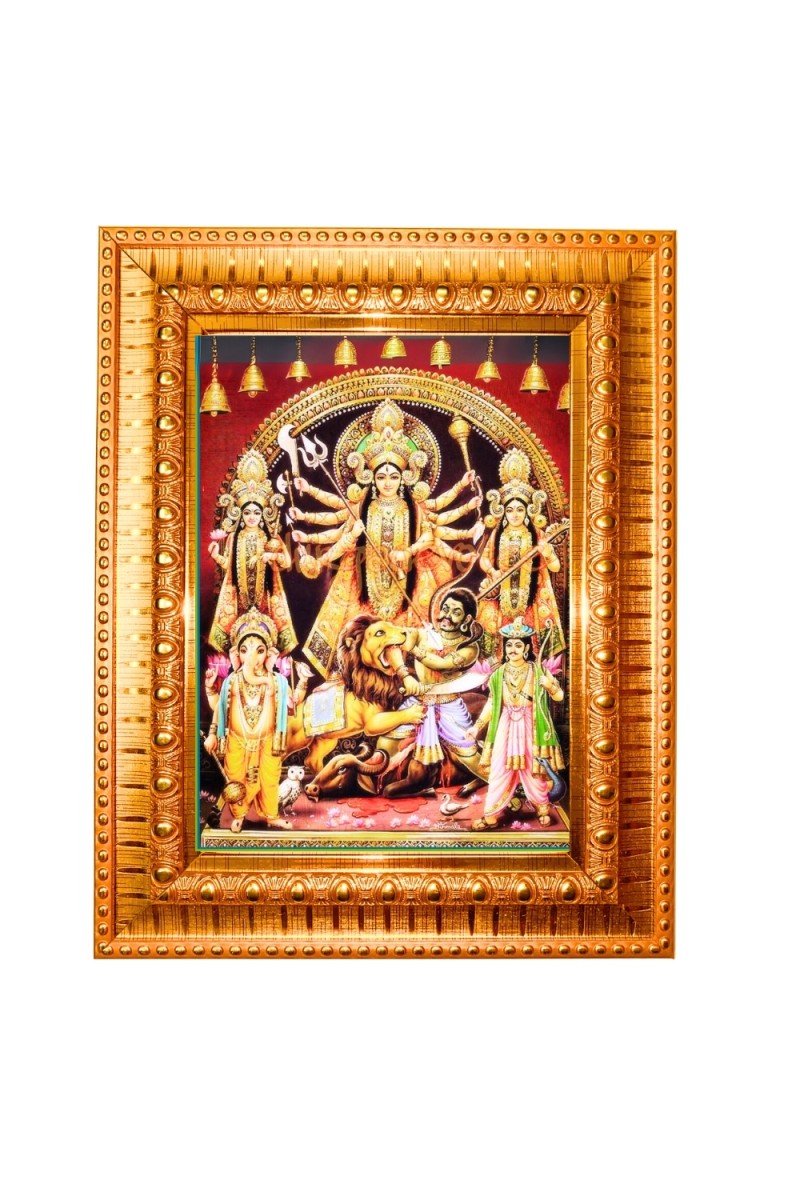 Goddess maa durga Golden Designer Photo Frame | 10x14 Inch Religious Wall Hanging Frame for Home & Office Decoration | Hindu Deity Spiritual Gift Item