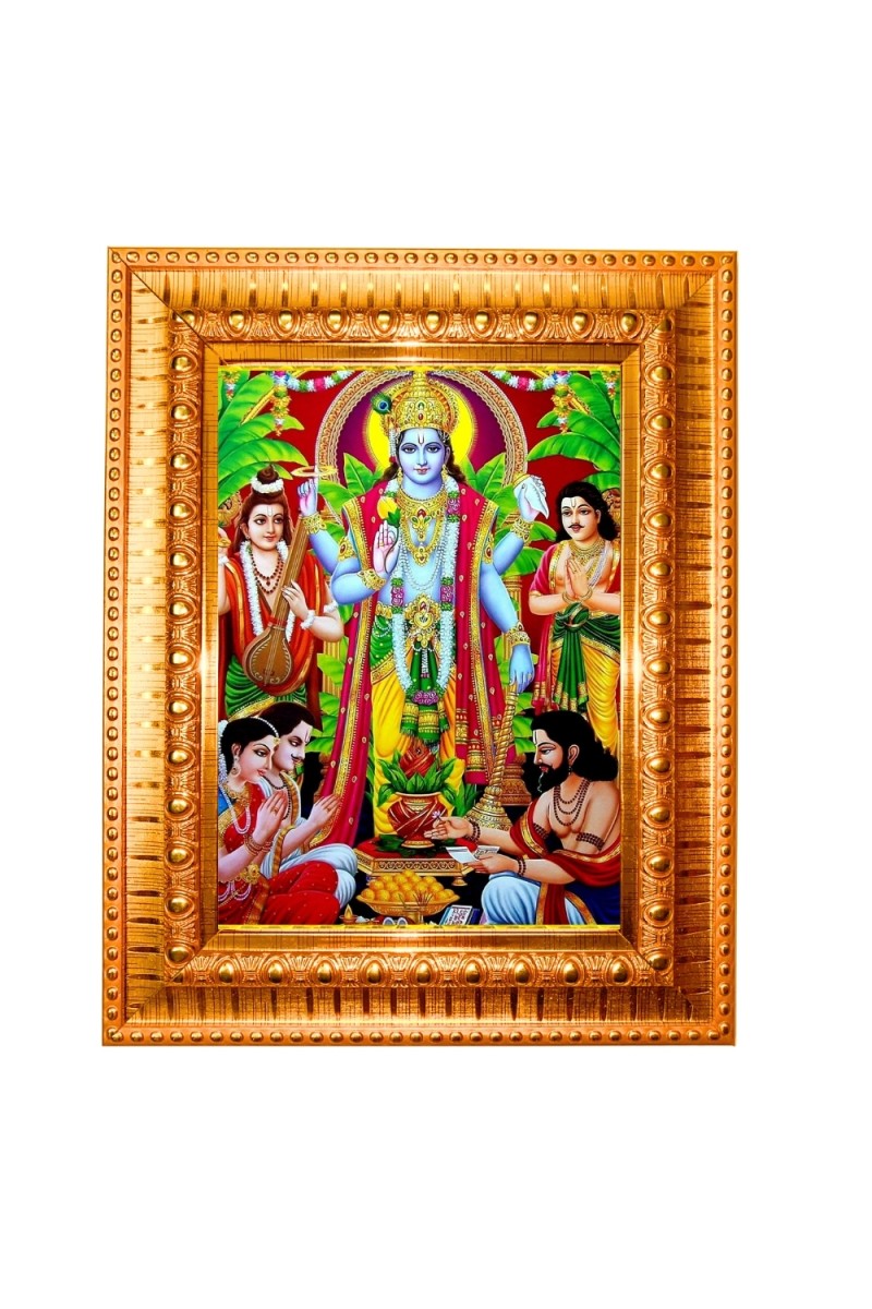 Lord Satyanarayana Swamy Golden Designer Photo Frame | 10x14 Inch Religious Wall Hanging Frame for Home & Office Decoration | Hindu Deity Spiritual Gift Item