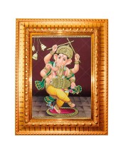 Nritya Ganapati.  Golden Designer Photo Frame | 10x14 Inch Religious Wall Hanging Frame for Home & Office Decoration | Hindu Deity Spiritual Gift Item