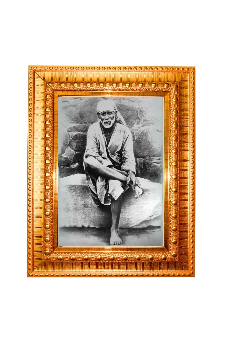 Shirdi Sai Baba Golden Designer Photo Frame | 10x14 Inch Religious Wall Hanging Frame for Home & Office Decoration | Hindu Deity Spiritual Gift Item