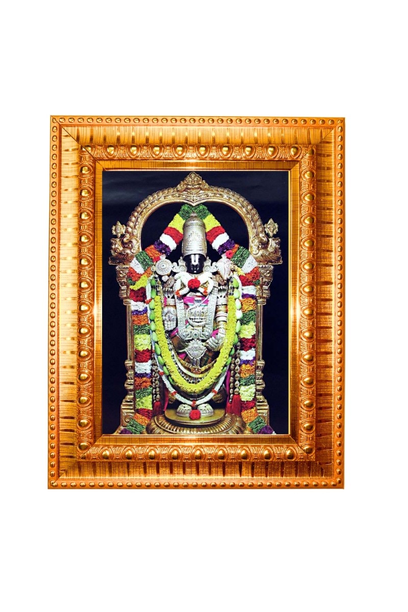 Tirupati Balaji Golden Designer Photo Frame | 10x14 Inch Religious Wall Hanging Frame for Home & Office Decoration | Hindu Deity Spiritual Gift Item