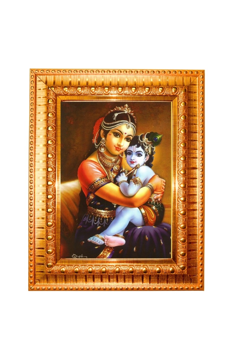 Yashoda Lord Krishna Golden Designer Photo Frame | 10x14 Inch Religious Wall Hanging Frame for Home & Office Decoration | Hindu Deity Spiritual Gift Item