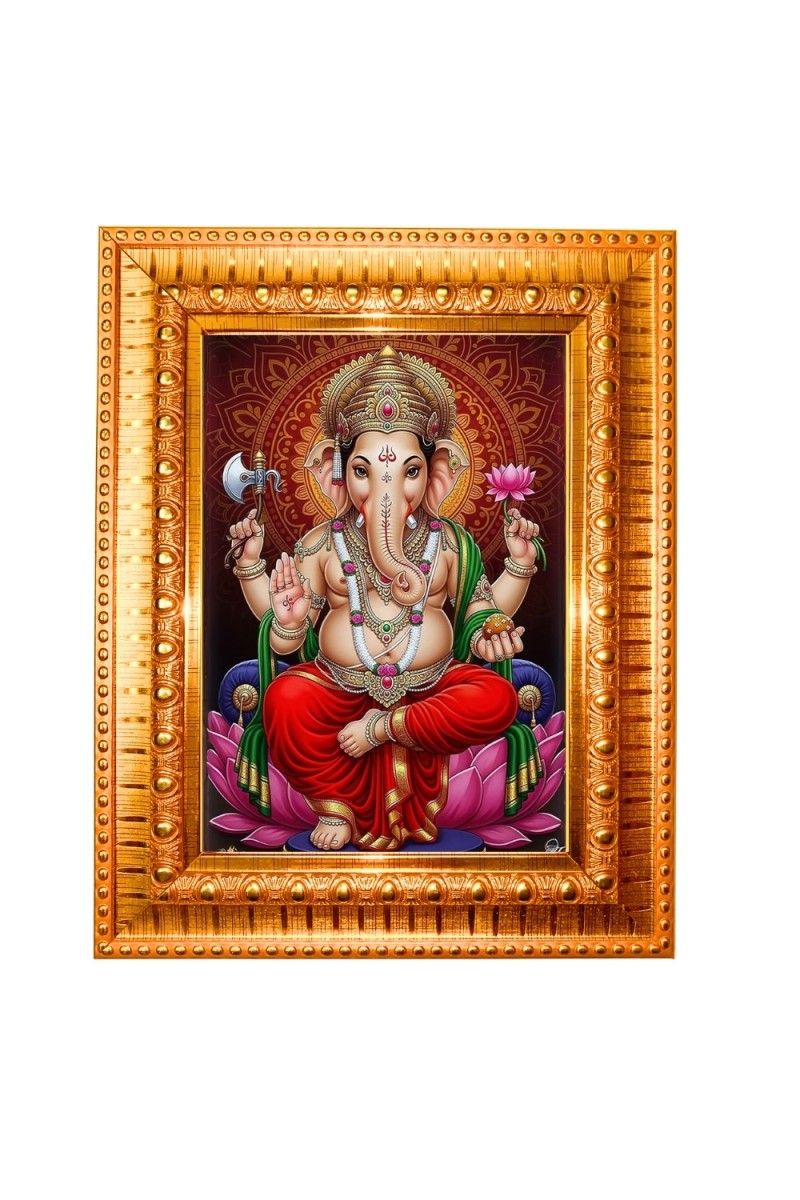 Lord ganesh Golden Designer Photo Frame | 10x14 Inch Religious Wall Hanging Frame for Home & Office Decoration | Hindu Deity Spiritual Gift Item