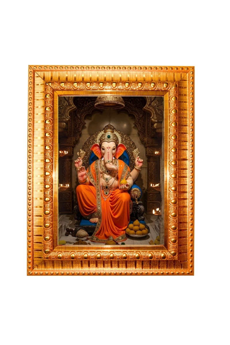 Lord ganesh Golden Designer Photo Frame | 10x14 Inch Religious Wall Hanging Frame for Home & Office Decoration | Hindu Deity Spiritual Gift Item