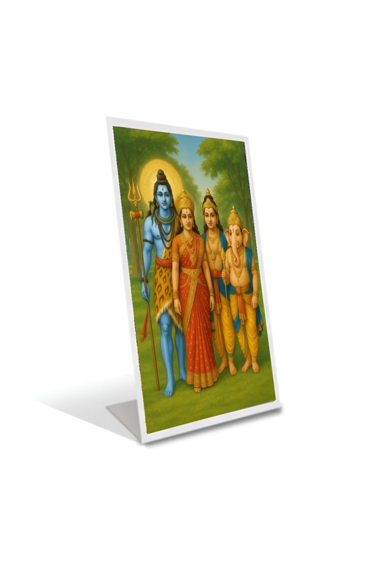 Car Desk/Table Top  Lord Shiva,Parvati,sons Ganesha and Kartikeya.  Acrylic L-Style Photo Stand - 2.5x3.5 Inches, Compact and Stylish Spiritual Display