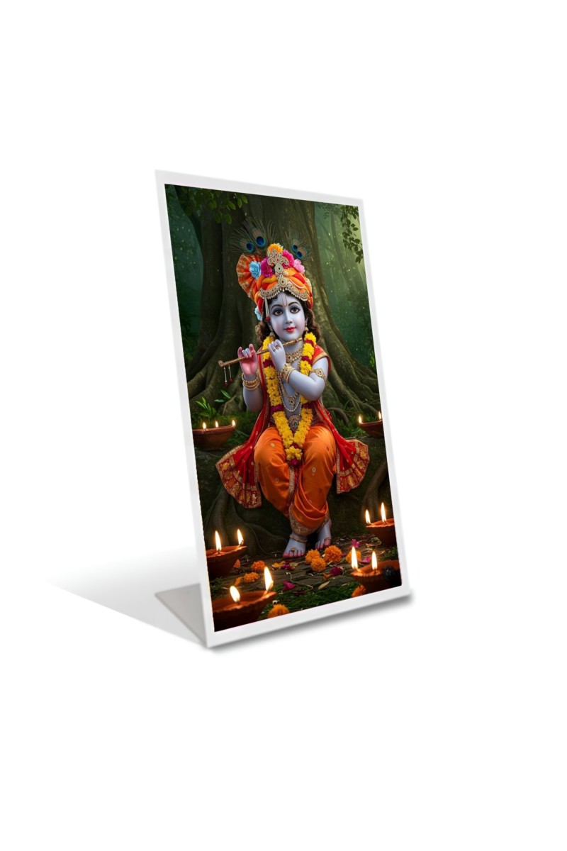 Car Desk/Table Top Little krishna Acrylic L-Style Photo Stand - 2.5x3.5 Inches, Compact and Stylish Spiritual Display